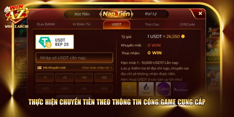 Thực hiện chuyển tiền theo thông tin cổng game cung cấp